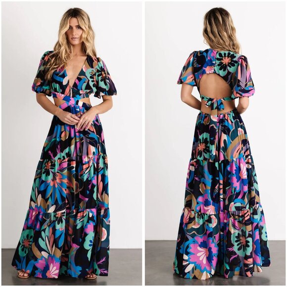 Baltic Born Open Back Floral Black Maxi Dress Bastina Size XL NWOT Flaws - Picture 1 of 10